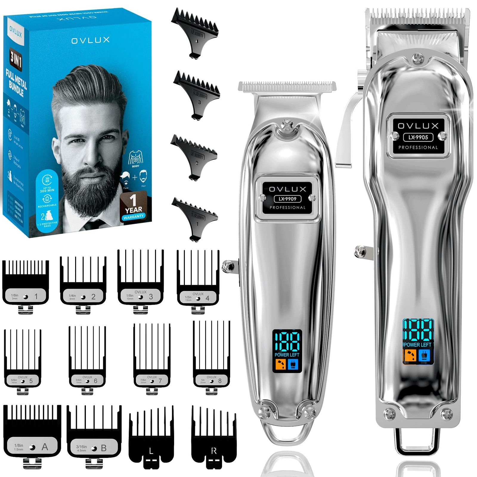 Full Metal Cordless Hair Clippers and Trimmer Pro Set for Men with Rechargeable Battery