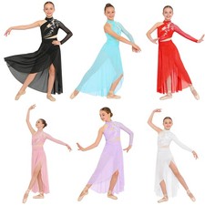 Kids Girls Leotard Delicate Applique Dresses Training Dancewear Lyrical Skirted