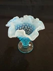 Vintage Fenton Glass Blue Opalescent Hobnail Ruffled Vase c. 1941 7.5"x5.5"R-B78