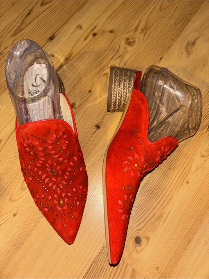 Kanna Talla 38 = 7 - 7.5 Rojo Gamuza Corte Láser Mules Rafia Borde Tacones Anthropologie Foto 2 de 4