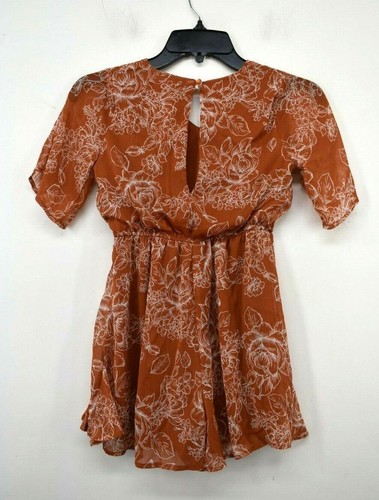 Trixxi Big Girls Orange Lined Elastic Waist Back Keyhole V-Neck Floral Romper M - Picture 2 of 10