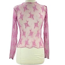 Mauve Pink Lettuce Trim Sheer Lace Long Sleeve Top Size Small