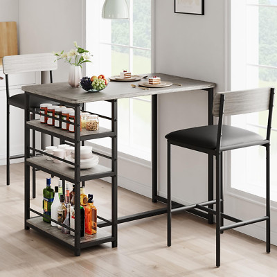 Counter Height Dining Table Set for 2 with Upholstered Bar Stools, Retro Grey