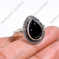 Natural Black Onyx Gemstone Pear Shape Ring, 925 Sterling Silver Handmade Ring
