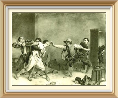 Original c1901 Antique MEISSONIER Victorian Art Print LA RIXE TAVERN PUB BRAWL
