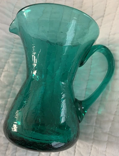 Blenko Teal Hand Blown Crackled Glass Pitcher 4.75”H X 5" W Including Handle