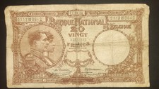 National Bank of Belgium 20 Francs Note 1924. 2113W0842, Condition Fair Used
