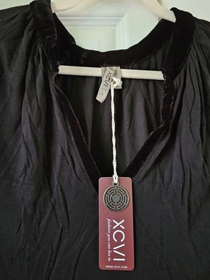 NWT Xcvi Black Long Sleeve Top With Velvet Contrast, Size Large