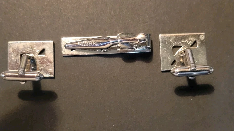 Juego de gemelos y barra de corbata Swank | Corte geométrico tono plateado | Vintage para hombre’s Foto 4 de 4