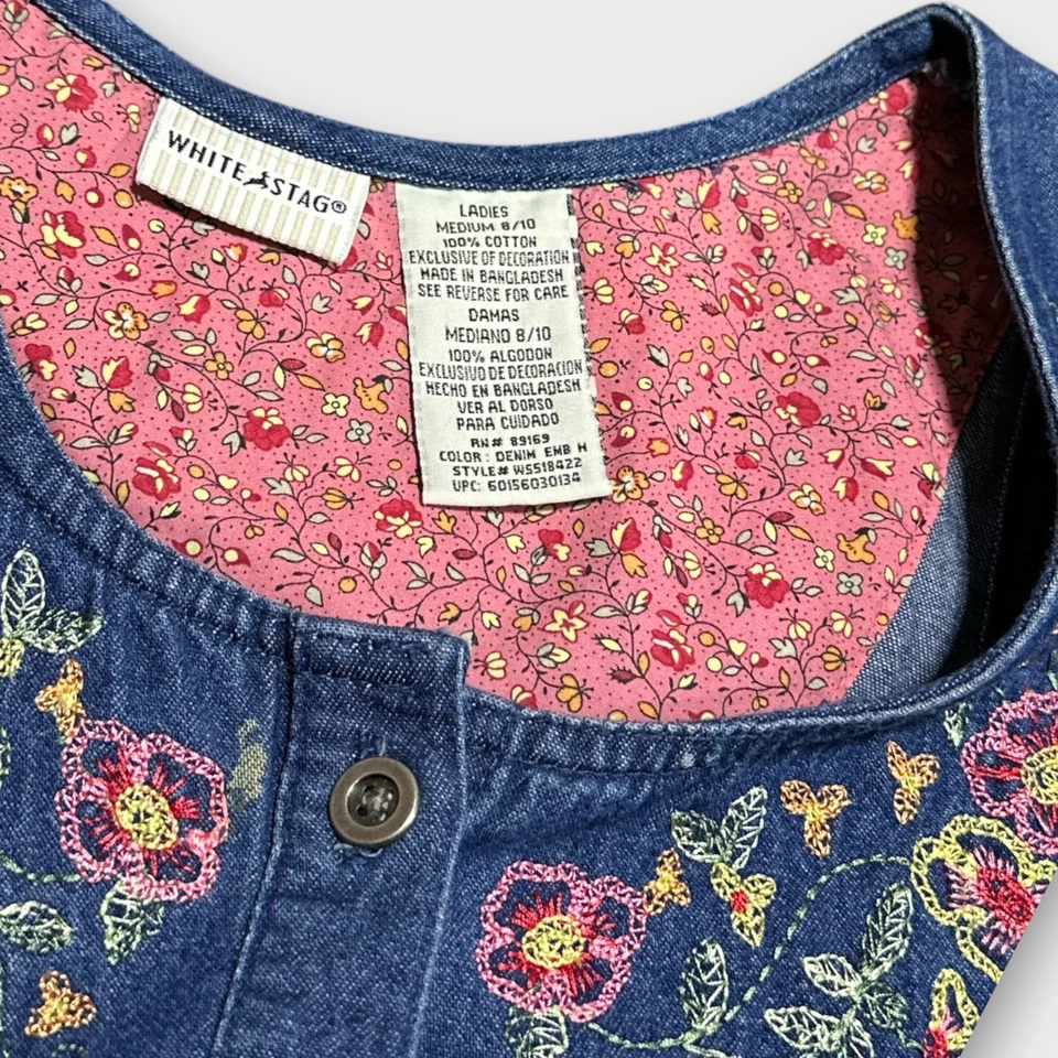 Vtg Womens Dress Sz M Embroidered Floral Denim Maxi Pockets A-Line Retro Teacher - Image 3 of 4