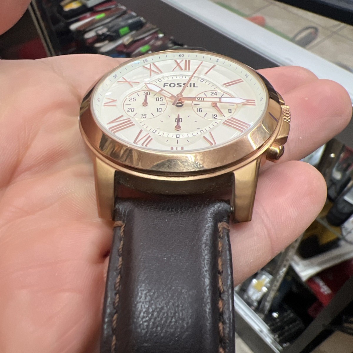Fossil FS4991 Grant Chronograph Rose Gold Brown Leather Band 44mm