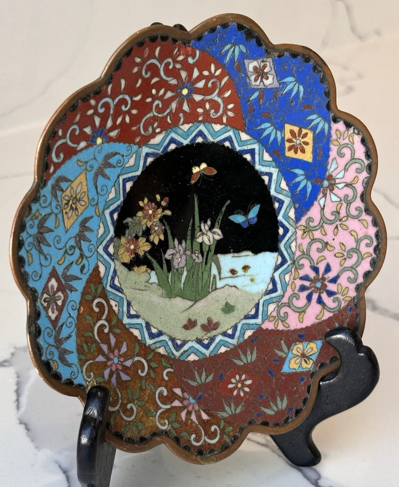 Carregador japonês antigo Meiji Cloisonne 6”, intrincado vibrante incrustado decoração presentes - Imagem 4 de 4