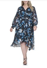 DKNY Womens Black Lined Belted Sleeves Blouson Sleeve Fit + Flare 18W MSRP$139