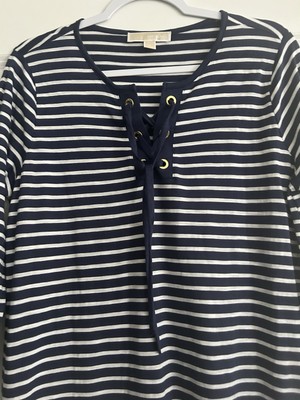 Michael Kors Women s Pullover Navy/White Stripe/Goldtone Rung Tie/3/4 Sleeve/L