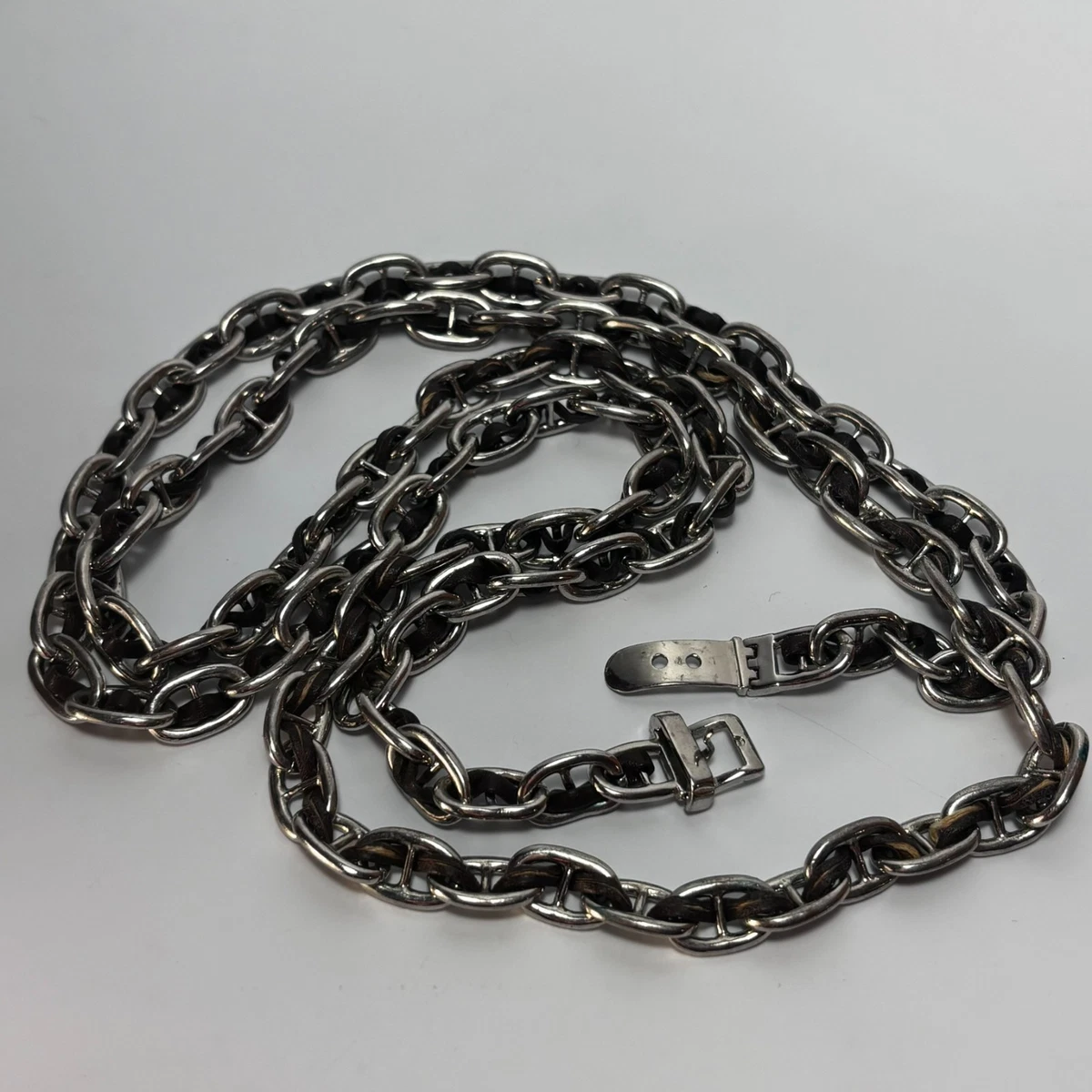 Vintage Bruce Cabot 96’ Silver Heart Buckle Braided Black Leather Belt -Necklace Known as Freckles, Warren G. Brown won the world bull riding  main image 3