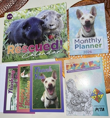 Peta 2026 Rescued! 12 Month Calendar, Monthly Planner, Puzzle Book & Cards Lot