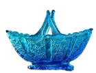 Fenton Cobalt Blue Art Glass Colonial Handled Split Basket Daisy & Button #0110