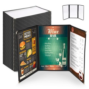 WeChef 30 Menu Cover 8.5X14 6 View Triple Fold Double Stitch Restaurant Black