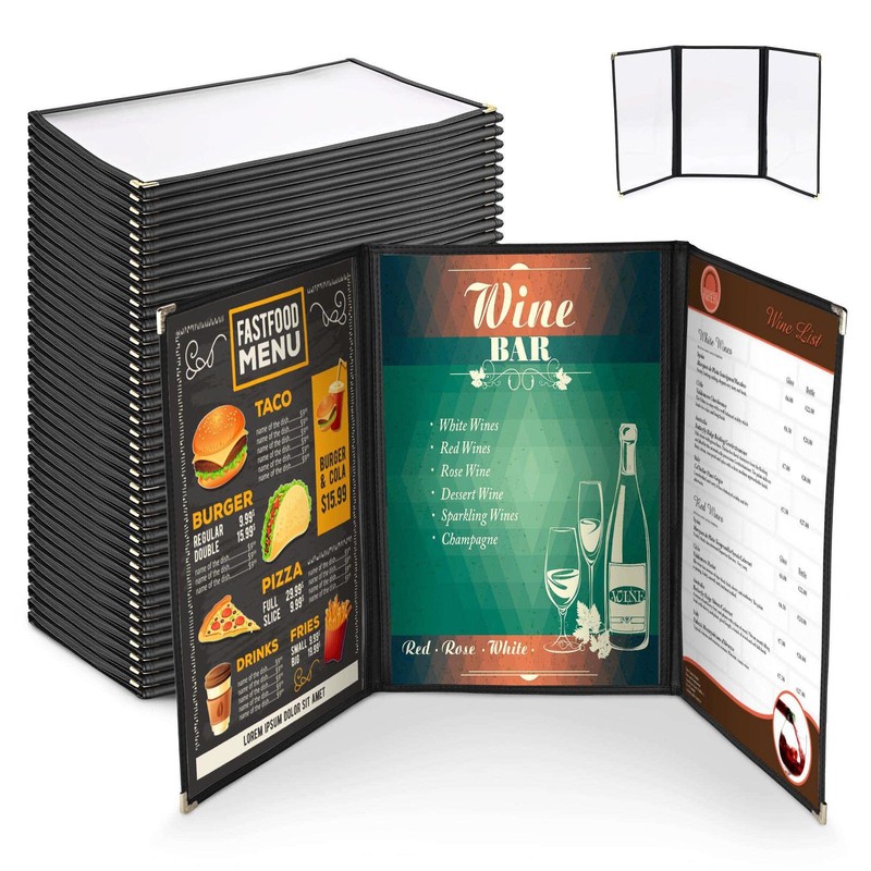 WeChef 30 Menu Cover 8.5X14 6 View Triple Fold Double Stitch Restaurant Black