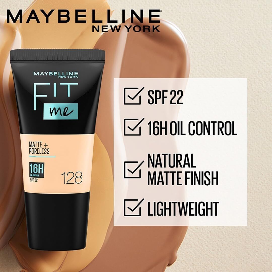 Maybelline Fit Me Matte & Poreless Foundation – 2x 18 Ml, 128 Warm Nude, 16h Mattierung, Mittlere Deckkraft, SPF 22