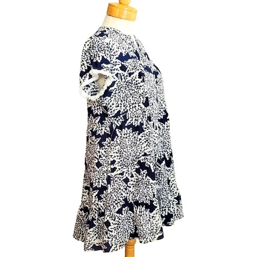 Abito casual THML orlo arricciato collo a V foderato blu navy/bianco floreale manica corta S - Foto 3 di 6