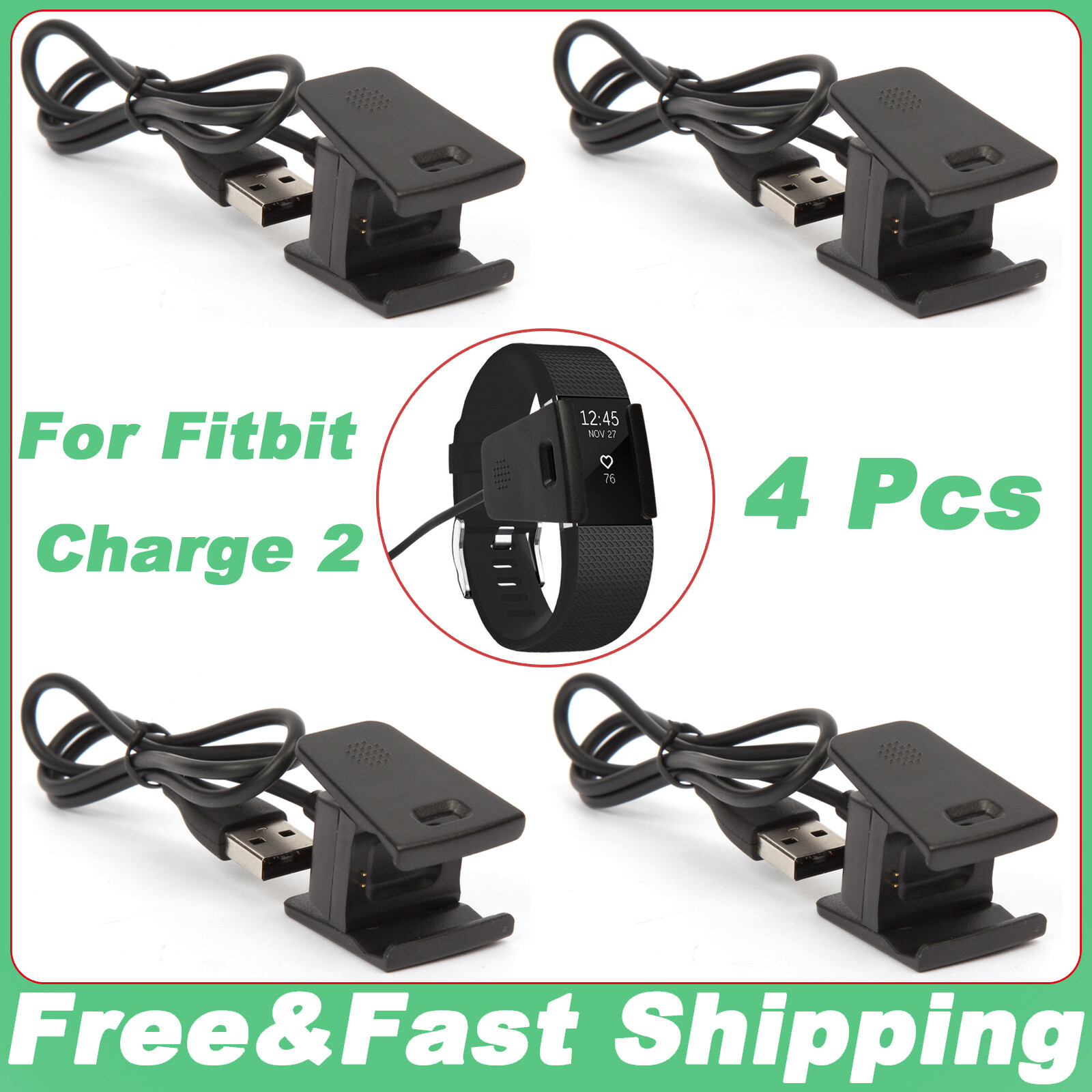 4 Pcs USB Charging Charger Cable For Fitbit Charge 2 Smart Watch Wristband