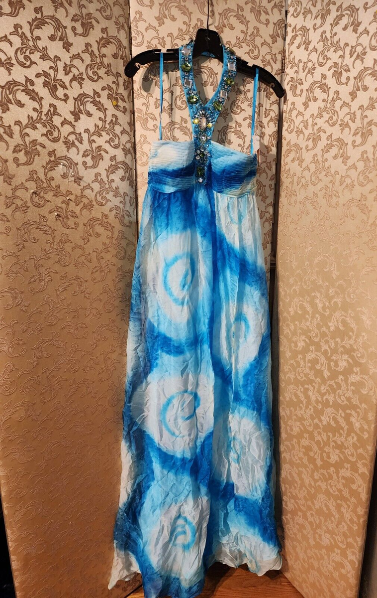 Sherri Hill NWT Blue White Tie Dye Beaded Prom Party Dress Size 4