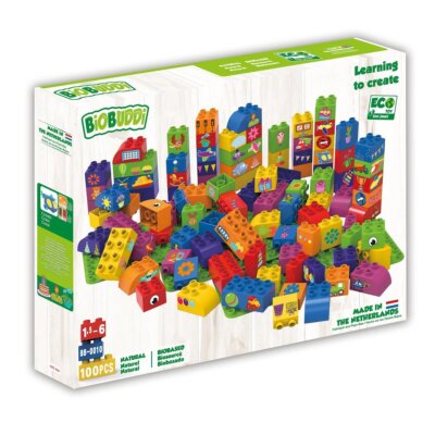 BiOBUDDi Blöcke mit 3 Grundplatten Spielzeugsteine Grundbausteine 100 Bausteinen