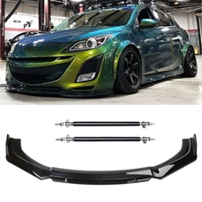 Gloss Black Front Bumper Lip Splitter Spoiler Strut Rods For Mazda 3 Body Kit