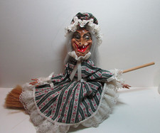 vintage Kitchen Witch Good Luck doll riding broom 19" long Halloween decor