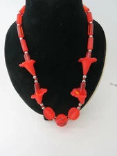 Red Orange Necklace Vintage Plastic Calily Flowers 23.5" Long Silver Tone Beaded