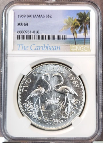 1969 BAHAMAS SILVER 2 DOLLARS FLAMINGOS NGC MS 64 SCARCE NICE BU COIN