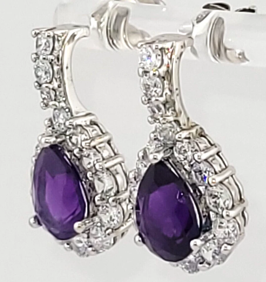 Pendientes colgantes brillantes QVC de plata esterlina amatista y circonita cúbica con lágrima firmados VJ Foto 3 de 4