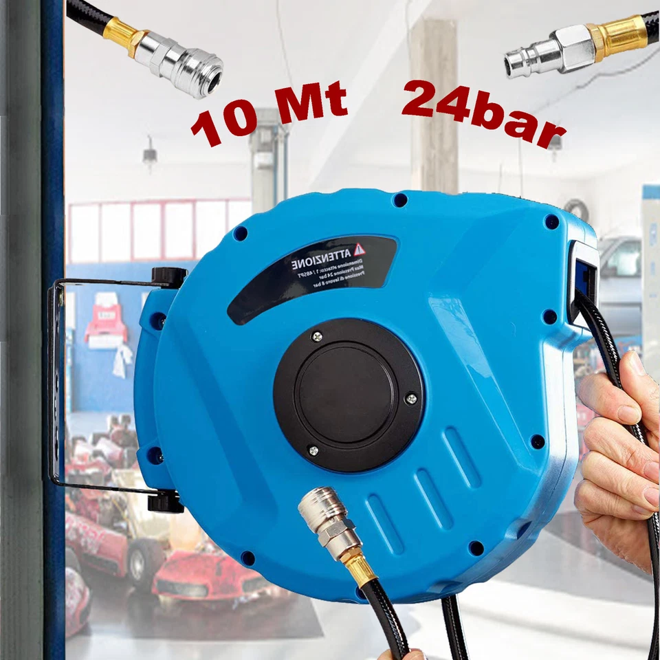 Avvolgitubo aria compressa tubo da 10 metri professionale per attacco a muro - Immagine 2 di 4
