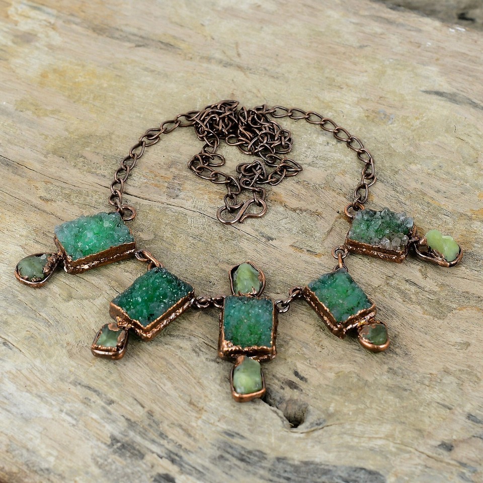 Handcrafted Green Druzy Electroformed Necklace - Copper Adjustable 18", Natural Stone - View #3