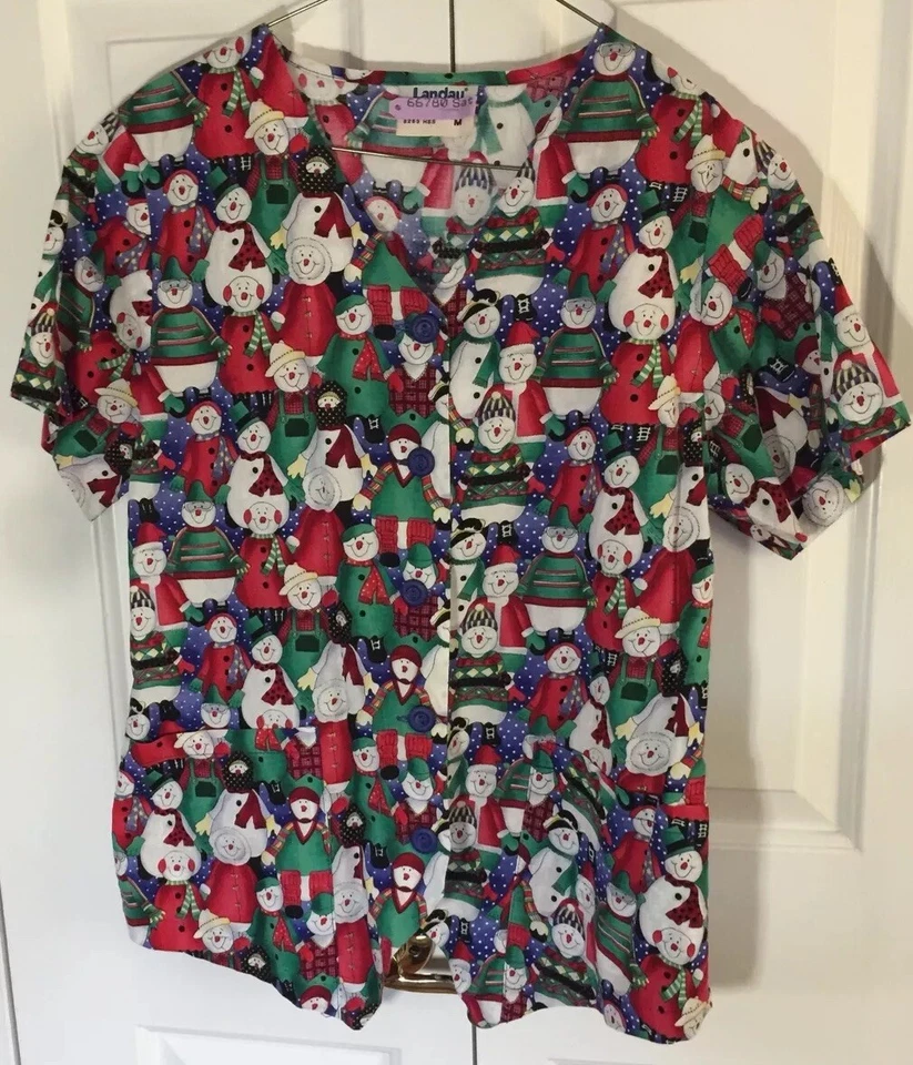 Snowman Scrub Top Vest V Neck Fun Colors USA Laundry Tag Attached Landau Medium - Image 2 of 4
