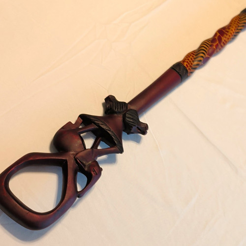 Kenyan Carved Wooden Walking Cane with Elephant Figure Handle, Brown