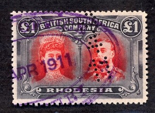 RHODESIA 1911 DOUBLE HEADS £1 P14 USED AS FISCAL. A169