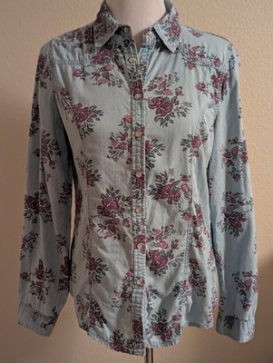 Rue21 Floral Button Down Shirt Light Wash Denim Look Snap Front Boho Western Top