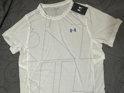 UNDER ARMOUR RUNNING TRIAL TECH FITTED WHITE & BLUE SHIRT SIZE L MEN NWT $60.00