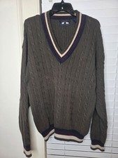 VTG Mens V-Neck Tennis Sweater Cable Knit L 100 Cotton