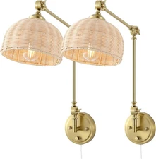 WINGBO Gold Rattan Wall Sconce Set of 2 – Adjustable Swing Arm Bedside Lamp