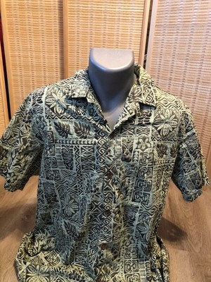 RJC Tropical Hawaiian Button Up Down Shirt 100% Cotton Large Green Tribal Theme