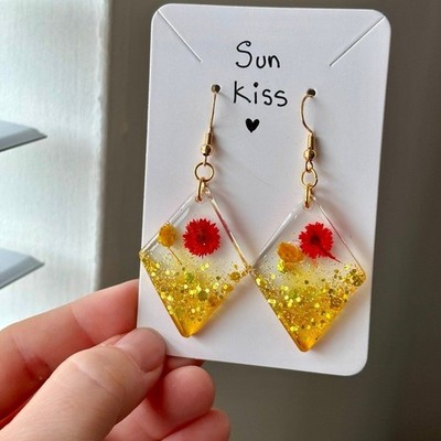 Sun Kiss Resin Flower Earrings, Yellow Gold Glitter Diamond Shape, Handmade