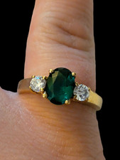 925 Sterling Silver Yellow Gold Vermeil Green And Clear Crystal Size 6.5 Ring