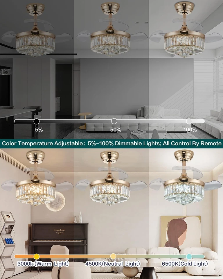 30 Inch Crystal Fandelier Ceiling Fan with Light Dimmable Chandelier Ceiling ... - Image 2 of 4