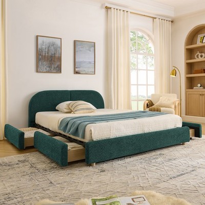 Queen Size Fabric Upholstered Bed Frame With 4 Wheeled Drawers Storage Green