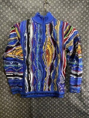 【ジャンク】COOBIE クービー Coogi Mens Size-S Byron Quarter-Zip Sweater Cable Knit Blue Multi