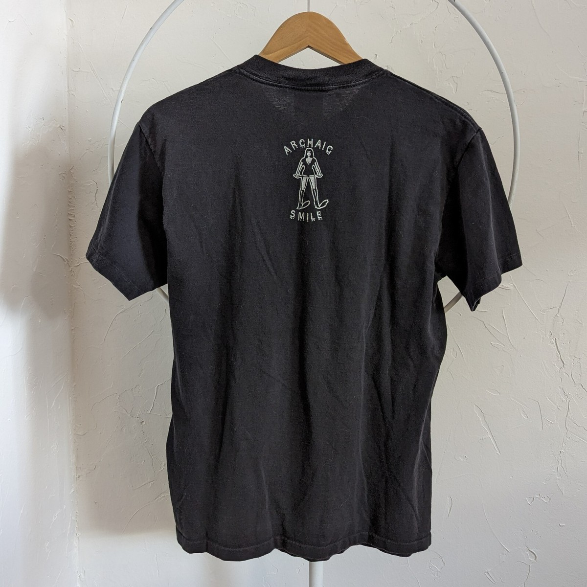 レア90s Vintage Archaic Smile AcidDrop Tee 90s ACID DROP 'ARCHAIC SMILE' RARE WASHED BLACK T-SHIRT