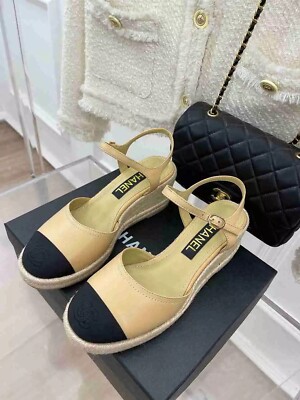 CHANEL Grosgrain Cap Toe CC Logo Goatskin Espadrille Wedge CHANEL Grosgrain Cap Toe CC Logo Goatskin Espadrille Wedge